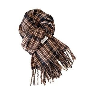 Thick vintage brown and black plaid cashmere-feel scarf with tassels for winter warmth