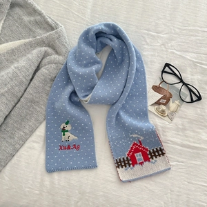 Light blue knit scarf with white polka dots and cute puppy embroidery for winter warmth