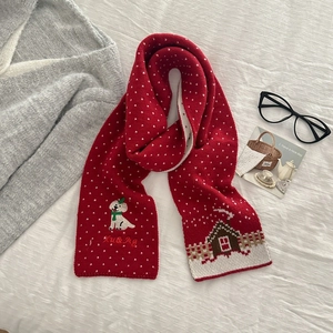 Chic red knit scarf featuring white polka dots and cute puppy embroidery for winter style