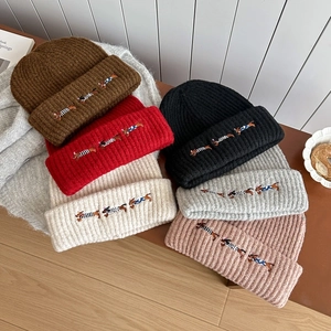 Winter wool knit beanies set featuring embroidered dachshund in six assorted colors