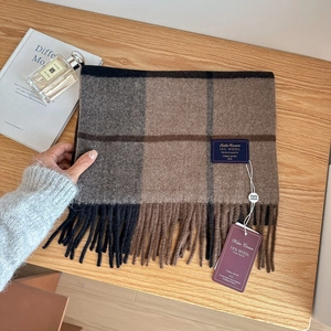 Classic British plaid wool scarf with tassels in grey and brown tones for winter warmth