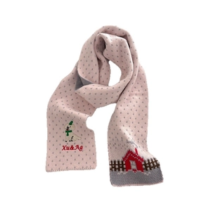 Pink knit scarf with gray polka dots featuring cute embroidered puppy and house decor