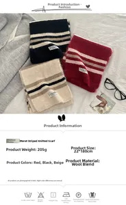 Detail view of wool blend striped scarves showing 205g weight and 22x180cm dimensions