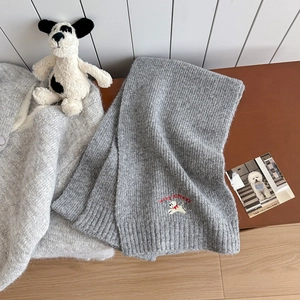 Light gray knit scarf and cardigan set featuring lucky dog embroidery in a cozy style