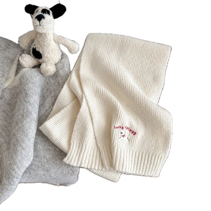 Beige knit scarf set with lucky doggy embroidery and soft ribbed texture for winter
