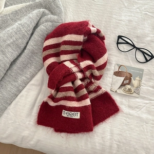 Winter striped wool blend knit scarf with fluffy texture and stylish brand label