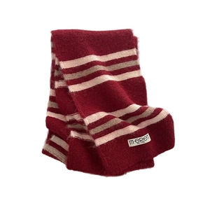 Winter striped wool blend knit scarf in deep red with beige and khaki accents