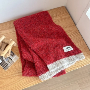 Winter chunky knit wool scarf in dark red with grey contrast hem and GQD label
