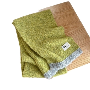 Thick knit color-block scarf in lime green and grey with soft textured wool finish