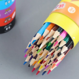 Colorful drawing pencils set in a yellow tube container for students and artists