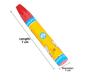 Detailed view of red oil pastel with yellow sleeve, size 7cm x 1cm with safety markings