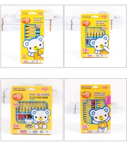 Detail showing various sizes of hexagonal oil pastels in yellow cartoon bear packaging
