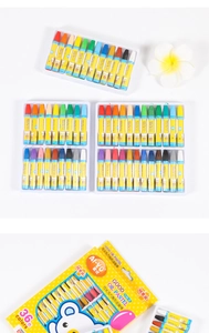 Macro view of 36 colors washable hexagonal oil pastels in a cartoon yellow box