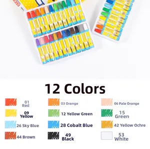 Detailed palette showing 12 color oil pastels with matching stroke samples and color names