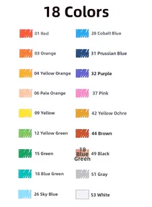 Detailed color chart of 18 oil pastel shades with numeric codes and names on white background