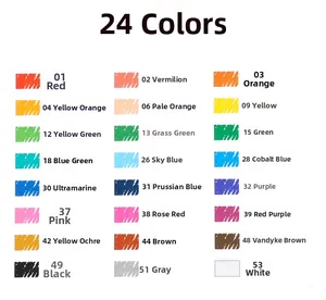 Detailed 24-color chart for oil pastels showing artistic swatches and color numbers