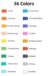 36 color chart of vibrant oil pastels with numerical codes and color names for artists