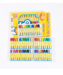 Detailed top view of 36-color oil pastel set with yellow dotted box and white trays
