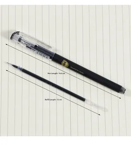 Detail shot of 0.5mm matte black gel pen with 14.6cm length dimensions on lined paper