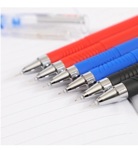 Macro detail of 0.5mm gel pen tips in red, blue and black with non-slip grip texture