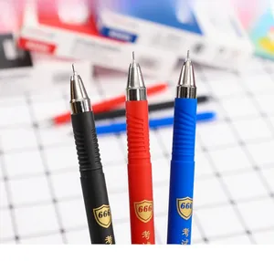 Macro shot of three 0.5mm needle point pens in black, red and blue with non-slip grips