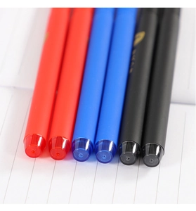 Macro shot of red blue and black gel pens with matte finish on lined notebook