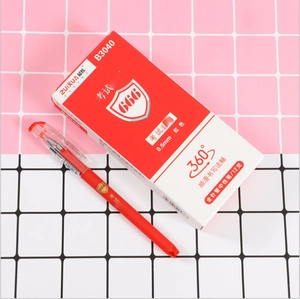 Detail view of 0.5mm red needle point gel pens with boxed packaging for office supplies