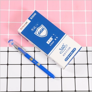 Close-up of 0.5mm blue needle point gel pens with box packaging on a grid background