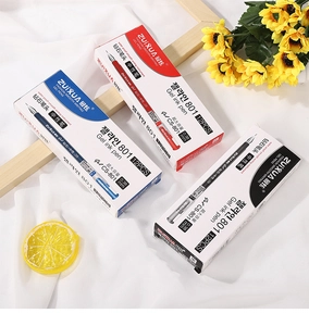 Three boxes of 0.38mm high-capacity gel pens in red, blue, and black ink colors