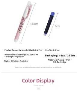 Detailed dimensions of a 0.5mm pink cartoon fountain pen with replaceable ink cartridge
