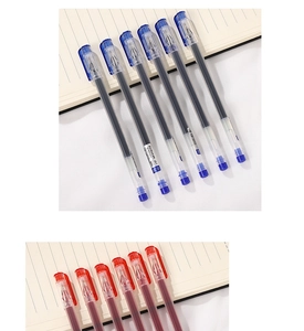 Detail of 0.38mm transparent gel pens showing ink levels on a notebook background