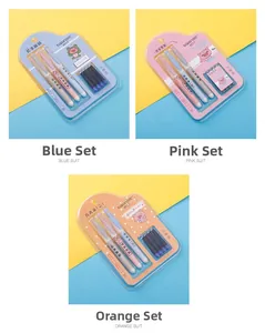 Three sets of colorful student fountain pens with ink cartridges in blue, pink, and orange