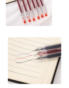 Detail of 0.38mm gel pens and refills showing smooth ink flow and semi-transparent design