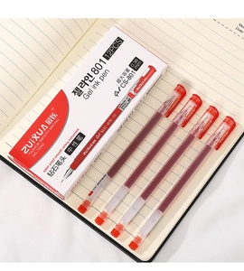 Detail of a 12-pack of red 0.38mm needle tip pens on a white ruled notebook