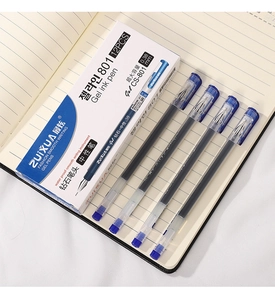 Detail of 0.38mm blue gel ink pens with transparent barrel on a notebook background