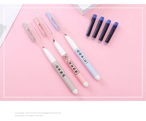 Detailed set of macaron-colored pens with replacement ink cartridges and cartoon patterns