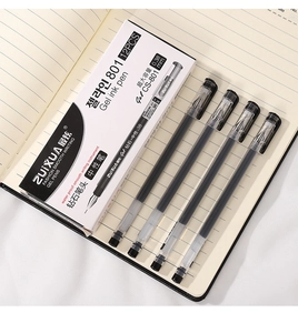 Macro shot of 0.38mm black gel pens on a notebook showcasing ultra-large ink capacity