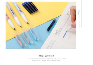 Macro detail of replaceable ink cartridge installation on macaron colored fountain pens