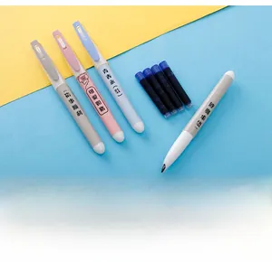 Detailed view of four colorful fountain pens with replacement ink cartridges on dual-tone background