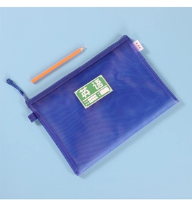 Close-up of blue nylon mesh A4 file bag with English subject label and smooth zipper