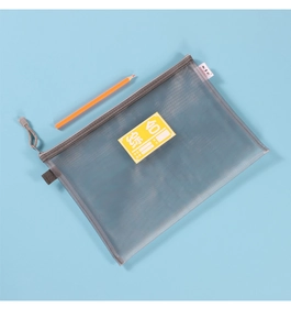 Detail of grey A4 mesh nylon document bag with yellow write-on label and pencil