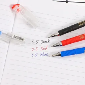 Set of 0.5mm retractable gel pens in black, red, and blue on a lined notebook