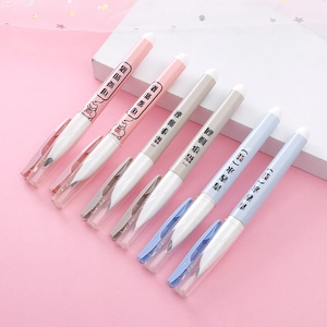 Set of 6 macaron color fountain pens with cute pig illustrations in pink, blue, and gray