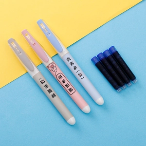 Three-piece colorful fountain pen set with cartoon pig design and five ink cartridges