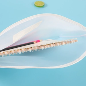 White semi-transparent nylon mesh A4 file bag with zipper holding notebooks and pencils