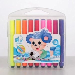 Detail of 18-color washable watercolor pens with triangular ergonomic barrel and cartoon case