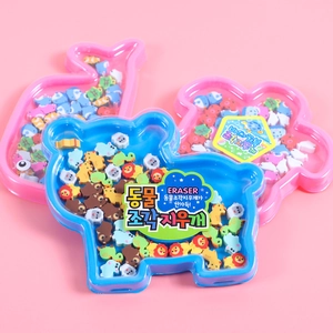 Colorful animal-shaped eraser set in translucent storage cases for school and gifts