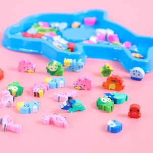 Colorful mini cartoon animal erasers set with a blue dolphin shaped display tray