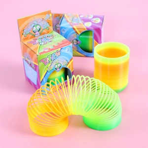 Vibrant rainbow spring toy with stretchable coils and a colorful cartoon gift box