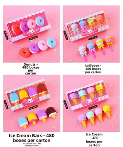 Detailed view of 4-piece dessert erasers including donuts and ice cream shapes